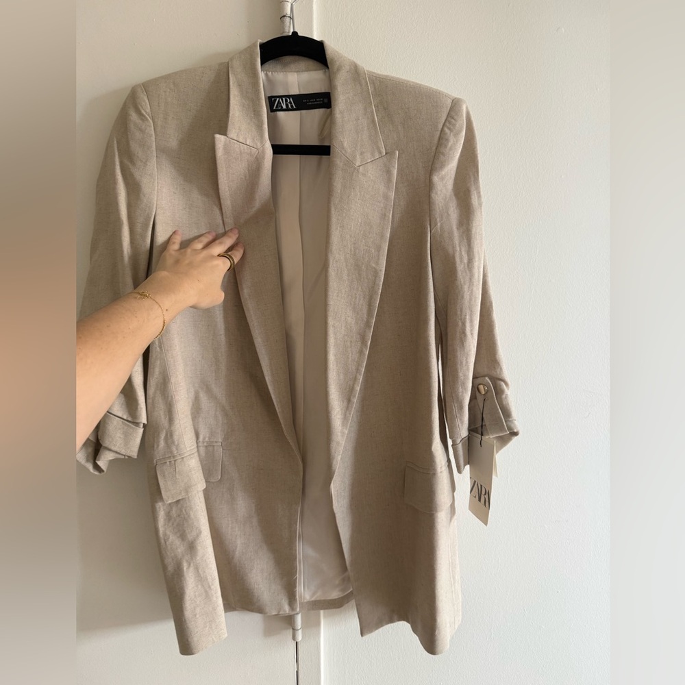ZARA Natural Beige Relaxed Linen-Blend Blazer